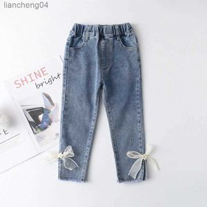 Jeans 2023 novo 2-7y calças de brim meninas elegante arco denim calças doce bowknot estiramento adorável primavera criança calças da criança do bebê