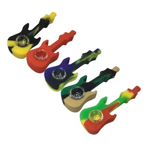 Guitar Silicone Pipe Portable Dry Herb Tobacco Oil Burner Handpipes With Glass Bowl Spoon Tube Smoking Hand Pipes