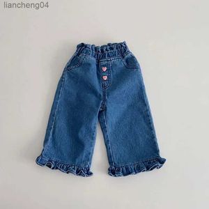 Jeans 2023 Herbst Mädchen Baby Rüschen Taschen Jeans Kinder Taschen Casual Denim Hosen Kind Baumwolle Lose Mode Hosen Säuglings kleidung