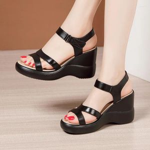 Sandals 8cm Small Big Size 32-43 Fashion Soft Leather Platform Wedges Shoes 2024 Summer Women's High Heels Office Beach