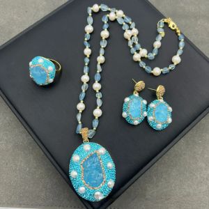 High-end Luxury Rhinestone Inlaid Freshwater Pearl Necklace Natural Marine Blue Color Original Stone Set Women's Jewelry