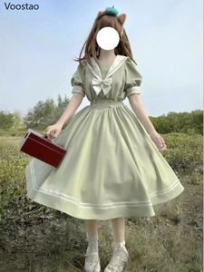 Japansk mjuk syster söt lolita klänning kvinnor söt puff hylsa smala studentklänningar fest retro flickor bow salior krage vestidos 240117