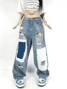 Amerikan Yaması Yırtık Bol Jean Retro Hip Hop Kontrast Renk Yüksek Bel Düz Kot Moda Günlük Geniş Bacak Pantolonları 240116