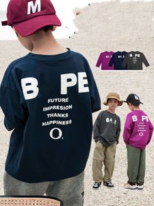 2024 Spring Teenagers cartoon letter printed T-shirt big boys cotton long sleeve casual Tees fashion old kids all-matching clothes Z6781