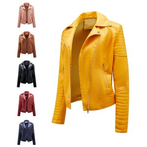 OC46458 DIY+ Strap Spring and Autumn Short Women's Leather Coat Slim Fit Flip Collar Motorcykeldräkt Diagonal blixtlåsjacka