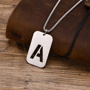 Trendy Initial Necklace for Men Boys, Waterproof 14K White Gold Square Dog Tag Pendant with Hollow Letter A-Z Collar