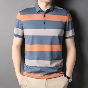 Summer Men's Polo Shirts With Short Sleeve Business Stripes Print Casual Tops Fashion Sport Wear Oversized T Shirts Man Clothes 240117