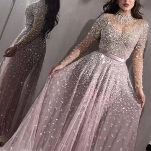 Luxury Blush Pink Prom Dresses High Neck A Line Sequined Pärled Crystals Floral Applique Wateau Train Rhinestone Formell Evening PA2438