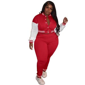 Mulheres Plus Size Tracksuits Mulheres Plus Size Tracksuit Primavera Manga Longa Terno de Beisebol Varsity Jacket Set Stripe Outfits para Mulher S Dhy1O