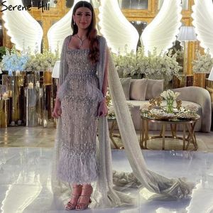 Serene Hill Bling Серое арабское вечернее платье с русалкой и накидкой из перьев Вечерние платья для женщин Свадебные платья LA71492 240116