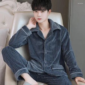 Homens sleepwear coral veludo homens pijamas conjunto botão quente grosso manga longa calças nightwear flanela homewear conjuntos moda coreana