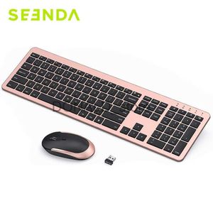 Teclados Seenda Teclado Sem Fio Mouse Combo Recarregável Tamanho Completo Ultra Fino Silencioso Teclados Sem Fio Ratos Preto e Rosa Ouro J240117