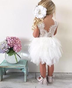 Tutu White Boho Flower Girl Sukienki na wesele maluch niemowlęce marszki klejnot klejnot szyi