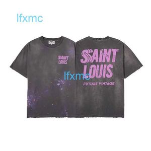 Saint American Fashion Brand Distressed Dirty and Damaged Purple Splashed Ink Short Sleeved Summer Loose Couple T-shirt 34q8