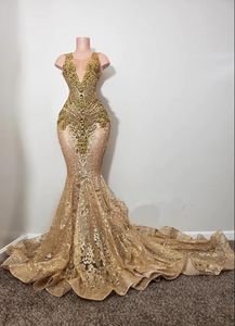 Guld Champagne Sparkly African Evening Pageant Dresses For Women Diamond Crystal Prom Queen Gown Vestidos de Gala Mujer