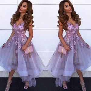 Lavender V Neck Tulle A Line Homecoming Dresses Arabic Lace Applique High Low Princess Short Prom Party Graduation Dresses244u