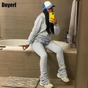 Grey Hoodie Tracksuit Women Set Winter Thick Sweatshirts and Stacked Sweatpants Jogger Sport Two Piece Sweatsuits for 240116