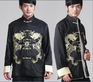 Hot Koop Chinese Traditionele Heren Satijn Geborduurde Gouden Draak Jas Lange Mouw Tang Pak Kung Fu Jas Casual Top jassen