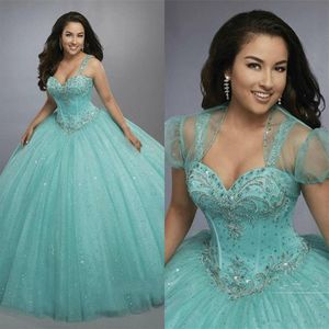 Mint Tulle Quinceanera Dresses with Bolero and Sweetheart Neckline 2020 Cheap vestidos de anos Princess Aqua Prom Dresses Tulle Cu307i