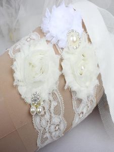 Ligas de casamento para noiva nupcial marfim perna ligas cinto conjunto rendas strass cristais plus size chiffon flores feitas à mão em stock7245359