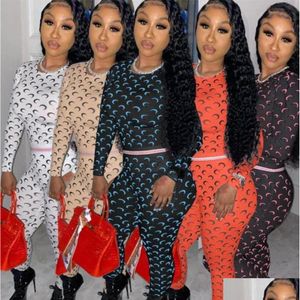 Mulheres Tracksuits Streetwear Lua Imprimir 2 Duas Peças Set Mulheres Club Outfits Combinando Manga Longa Crop Top Leggings Tracksuit Feminino W Dhjdx