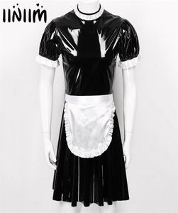 Męska męska Sissy Maid Dress Cosplay Costplay Owear Krótki zaciąganie rękawy Wetlook Lateks Servant Mundur Flored z fartuchem 2112231032063