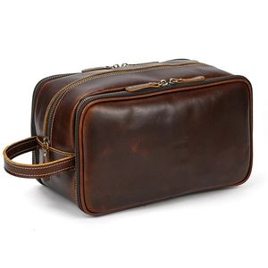 Cowhide Toiletry Bag Men Leather Cosmetic Bag Man Woman Wash Bag Storage Bags Genuine Leather Handbag For Make Up Dopp Kit Male 240116