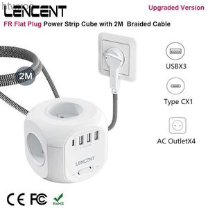 Power Cable Plug Lencent FR Flat Plug Power Strip Cube med 4 AC Outlets 3 USB Port 1 Typ C 2M flätad kabel Multi -uttag med Switch för Home YQ240117