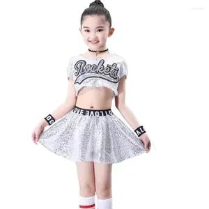 Stage Wear Kids Jazz Dance Costume Hiphop Dresses For Girls Performance Cheerleader Costumes Holographic Sequin Top Skirt Set