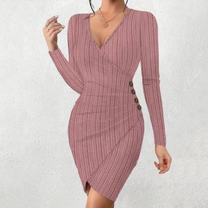 Casual Dresses Solid Colour V Neck Tight Package Hip Slim Sexy Women's Fashion Long Sleeve Pit Stripes Side Buttons Mini Dress