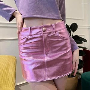 Spódnice pasują do jasnej wysokiej talii Koreańska moda Halfskirt Women Odzież Y2K Pink Metallic Girls Krótkie kieszenie na spódnice Slim