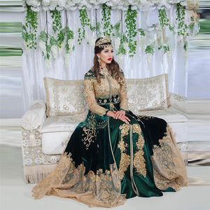 Green Marockan Kaftan Caftan Muslim Evening Dresses A-Line Long Sleeve Applices Beading Dubai Arabic Turkiet Abaya Islamic Formal 239h