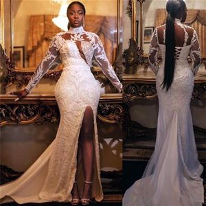 Plus Size Mermaid Wedding Dresses Bridal Gown 2021 High Neck Long Sleeves Applique Embroidery Side Split Illusion Corset Back Tull2579