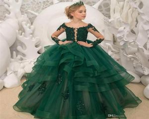 Gorgeous Green Flower Girl Dresses Scoop Neck Appliqued Beaded Long Sleeves Girl Pageant Gowns Ruffle Tiered Sweep Train Birthday 2493971