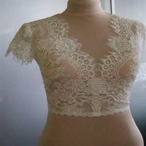 Elfenbein-Spitze-Hochzeitstücher mit Flügelärmeln, V-Ausschnitt, Braut-Bolero, maßgeschneiderte Hochzeits-Wraps, Achselzucken für das Kleid, Cape243L