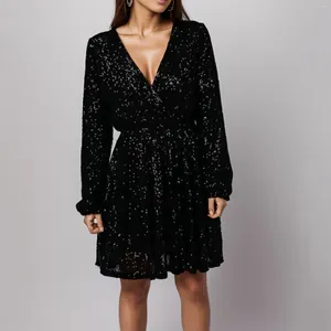 Casual Dresses Women's Sequin Mini Dress Glitter Solid Color Long Sleeve Wrap Deep V Neck Belled Female Elegant A-Line Party