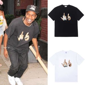 Homens camisetas na moda rocky personalidade gesto impressão hip hop manga curta t-shirt homens soltos t240117