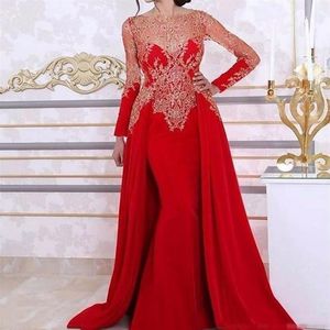 2020 Langarm-Meerjungfrau-Abendkleid mit abnehmbarem Rock, Spitze, Perlen, Pailletten, rot, arabisches Kaftan, formelles Kleid234o