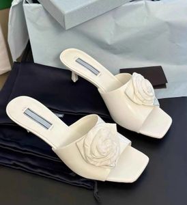 Summer Luxury Pra-Sandals Shoes Floral Flower Slide Women Kitten Heels Brush Leather White Black Slippers Party Wedding Lady Walking EU35-43