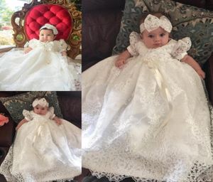 White Lace Princess Baby First Commonion Dresses Pearls Pärlade Kort ärm Girlsklänning med band Sashes barn Long Prom Part3196523