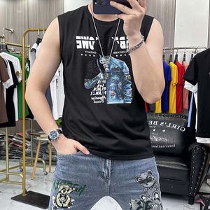 メンズタンクトップダイヤモンドトレンディノースリーブシルクコットンTシャツボトムトップラウンドネックオムベストサマー新しい快適な男性服