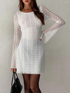 Casual Dresses Summer/Spring Women's Lace White Slim Dress Transparent Flare Lång ärm Runda nacke Elegant Mini
