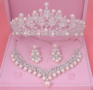 Earrings Necklace Bride Crystal Pearl Costume Jewelery Sets Rhinestone Choker Tiara Bridal Women Pageant Wedding Jewelry SetEarr3213682