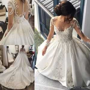 Långärmad 2022 Bröllopsklänningar Spets Applique Crystal Sheer Neck Bridal Gowns Cathedral Train Satin Plus Size Wedding Dress222L