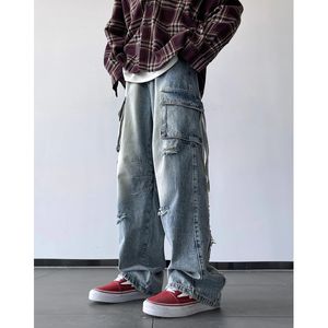 Män rippade hål last jeans mode burrs vintage blå streetwear casual denim unisex hip hop patchwork jean pants 240116