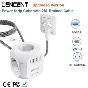 Power Cable Plug Lencent Uppgraderad Power Strip Cube med 4 AC -uttag 3 USB Port 1 Typ C 2M flätad kabel Multi -uttag med Switch för Home YQ240117