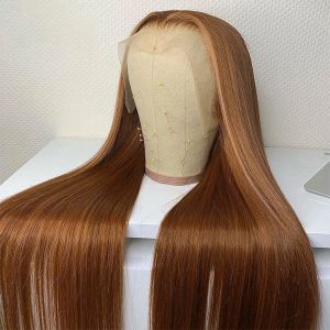 Leimlose peruanische weiche Haare schokoladenbraune gerade HD-Lace-Front-Simulation-Echthaar-Perücken für Frauen vorgezupfte 360-Grad-Frontalperücken mit voller Spitze