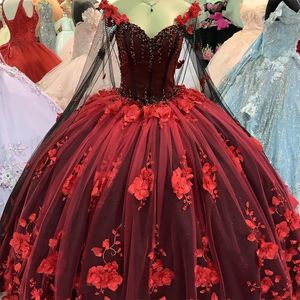 Sexy Sweetheart Quinceanera Dresses 2024 Off Shoulder Appliques 3DFlower Beads Tull With Cape Ball Gown vestidos de 15 anos