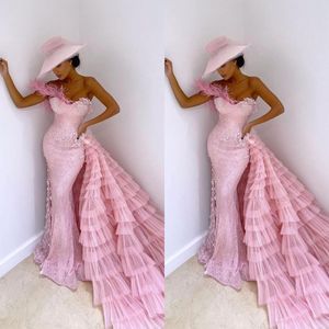 Fancy One Shoulder Evening Dresses Detachable Train Lace Mermaid Prom Gowns Tiered Train Formal Party Dresses Custom Made
