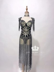 Stage Wear PartyTime Siamese Slim Fringe Flash Diamond Nightclub Traje Personalizado